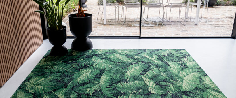 Nowoczesny zielony dywan w liście - MANAUS 9177 - aranżacja wnętrza