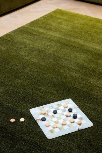 Oliwkowo zielony dywan wełniany firmy Brink and Campman do salonu