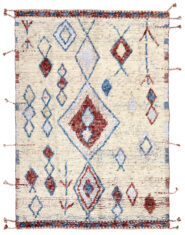 Marokański wełniany dywan beżowo, czerwono niebieski do salonu, do sypialni, dywan z frędzlami marki Rezas